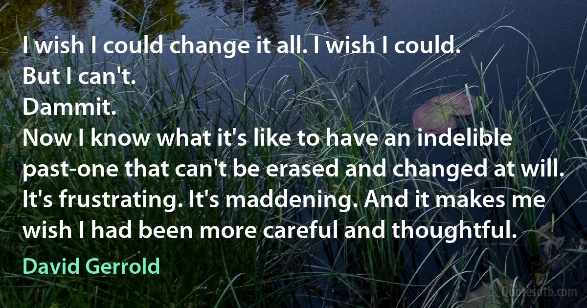 I wish I could change it all. I wish I could.
But I can't.
Dammit.
Now I know what it's like to have an indelible past-one that can't be erased and changed at will. It's frustrating. It's maddening. And it makes me wish I had been more careful and thoughtful. (David Gerrold)