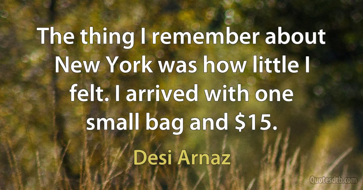 The thing I remember about New York was how little I felt. I arrived with one small bag and $15. (Desi Arnaz)