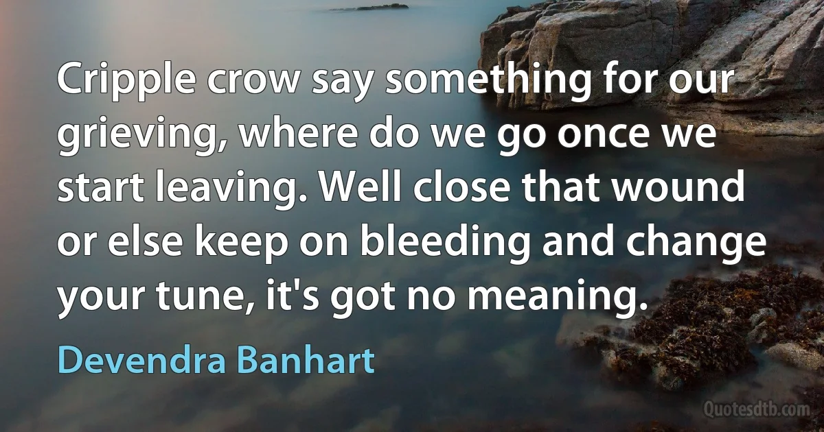 Cripple crow say something for our grieving, where do we go once we start leaving. Well close that wound or else keep on bleeding and change your tune, it's got no meaning. (Devendra Banhart)