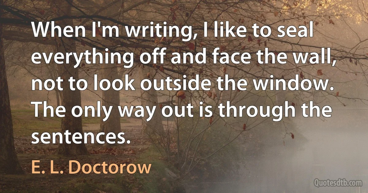 When I'm writing, I like to seal everything off and face the wall, not to look outside the window. The only way out is through the sentences. (E. L. Doctorow)