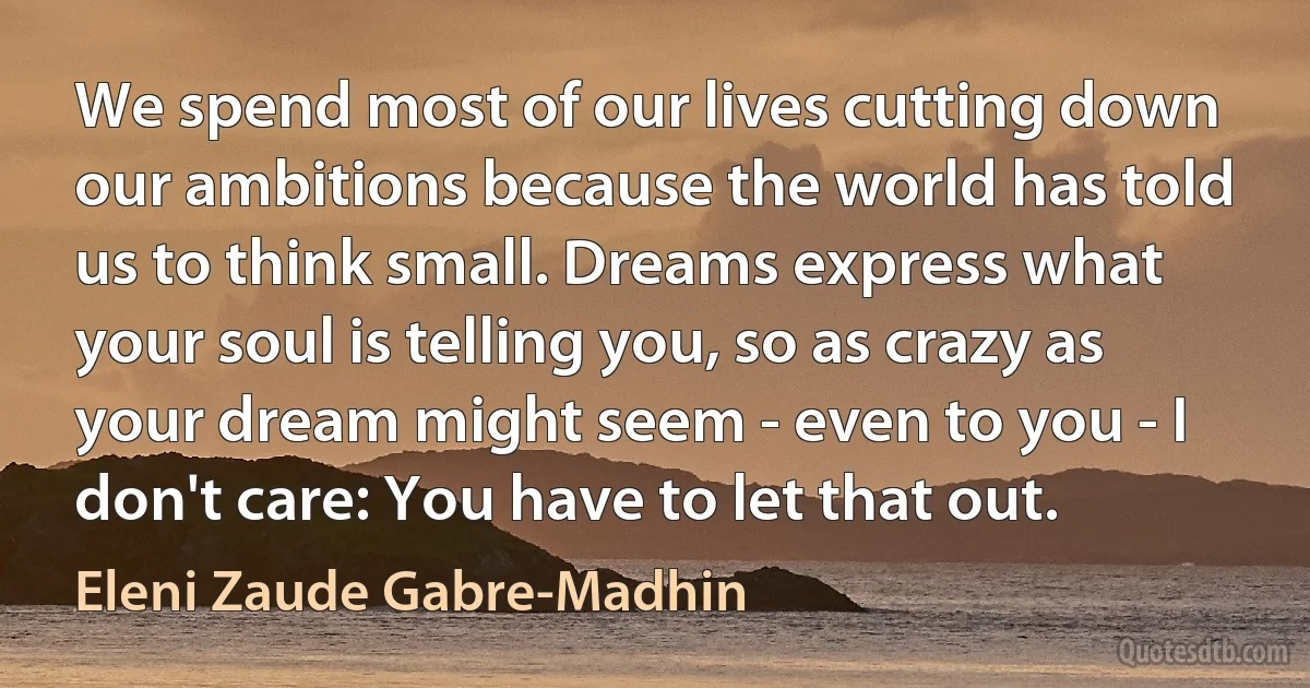 We spend most of our lives cutting down our ambitions because the world has told us to think small. Dreams express what your soul is telling you, so as crazy as your dream might seem - even to you - I don't care: You have to let that out. (Eleni Zaude Gabre-Madhin)