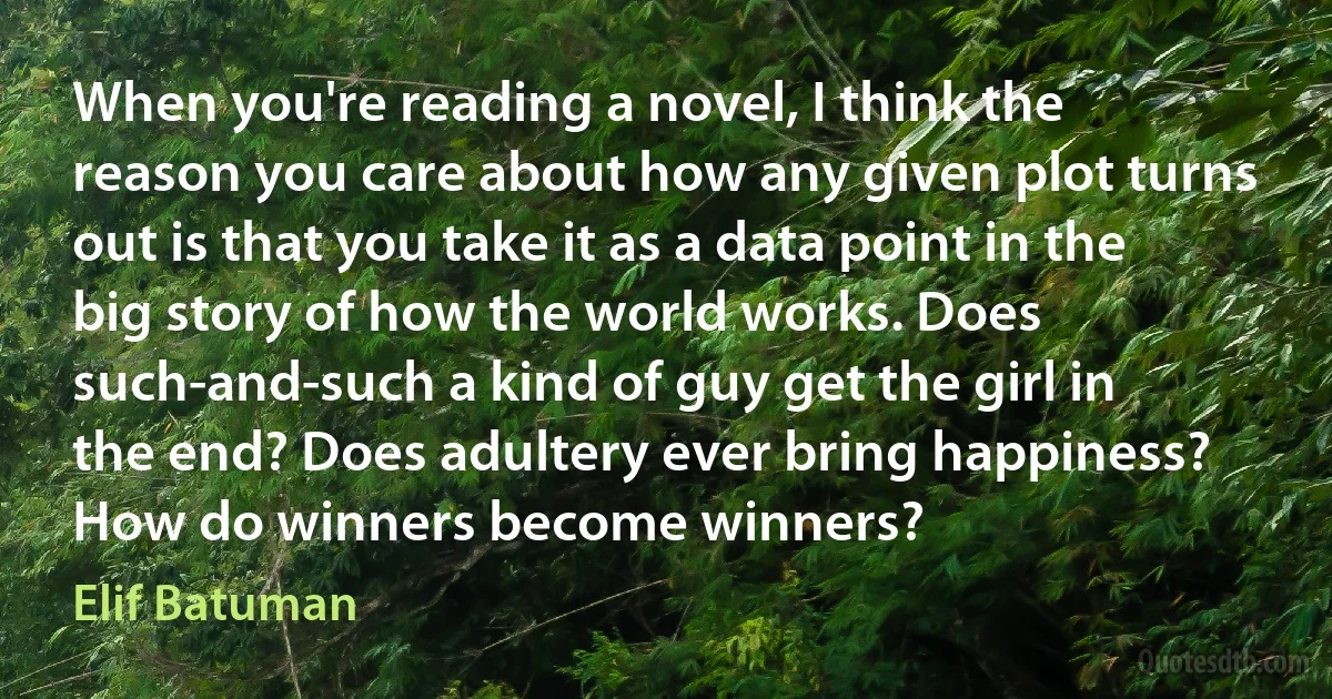 When you're reading a novel, I think the reason you care about how any given plot turns out is that you take it as a data point in the big story of how the world works. Does such-and-such a kind of guy get the girl in the end? Does adultery ever bring happiness? How do winners become winners? (Elif Batuman)