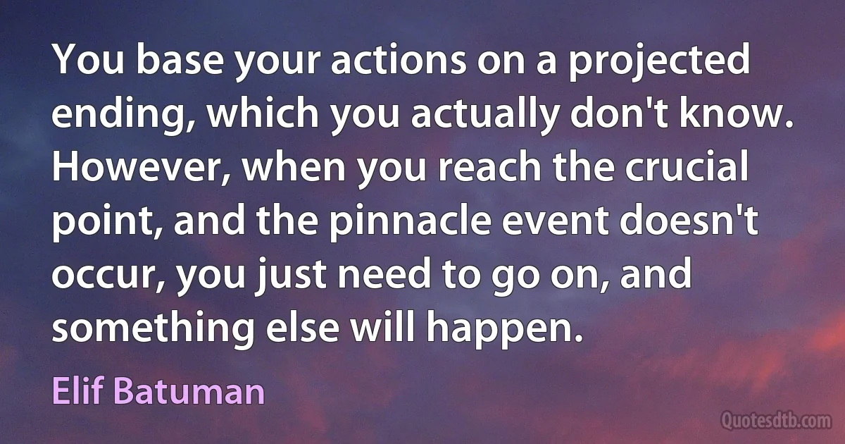 You base your actions on a projected ending, which you actually don't know. However, when you reach the crucial point, and the pinnacle event doesn't occur, you just need to go on, and something else will happen. (Elif Batuman)