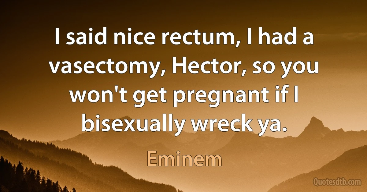 I said nice rectum, I had a vasectomy, Hector, so you won't get pregnant if I bisexually wreck ya. (Eminem)