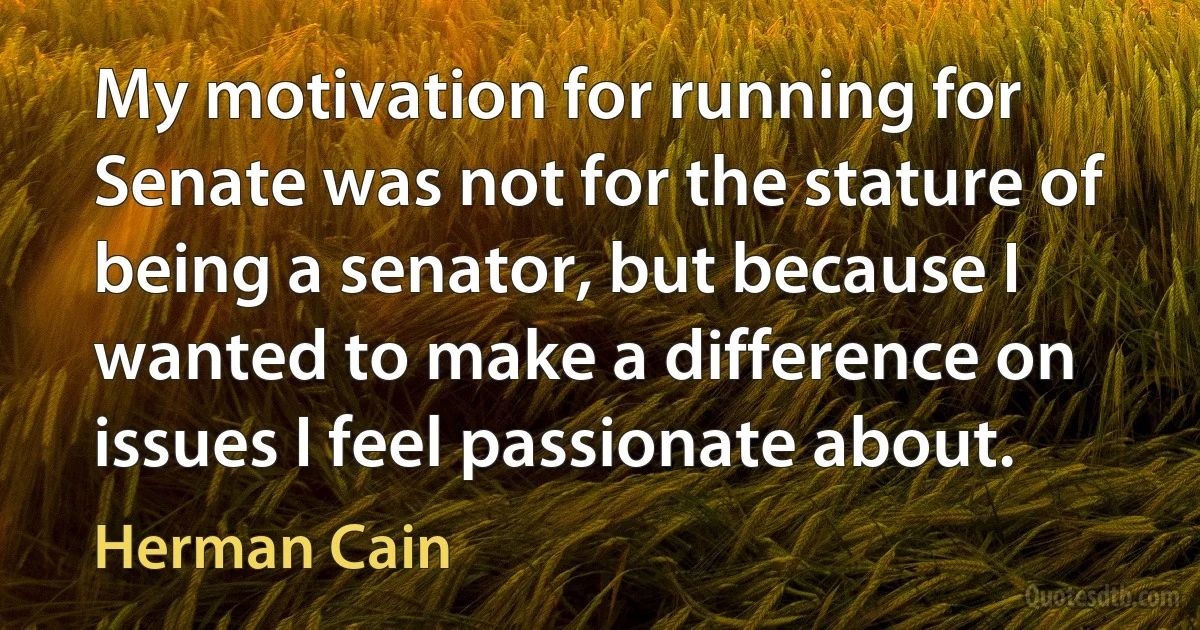 My motivation for running for Senate was not for the stature of being a senator, but because I wanted to make a difference on issues I feel passionate about. (Herman Cain)