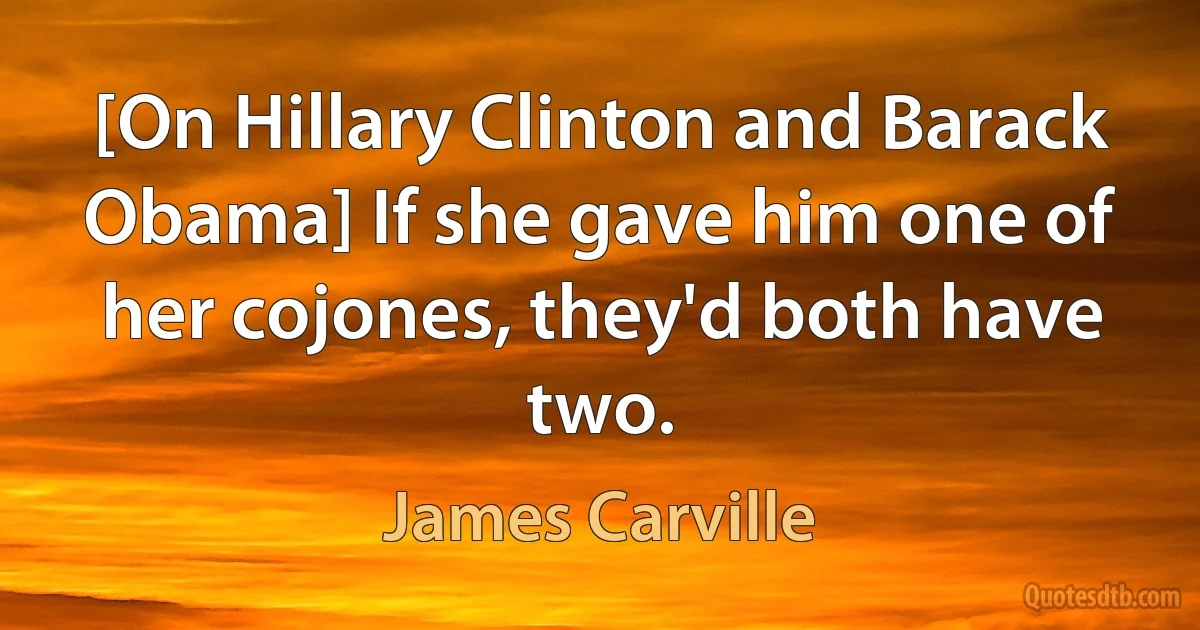 [On Hillary Clinton and Barack Obama] If she gave him one of her cojones, they'd both have two. (James Carville)