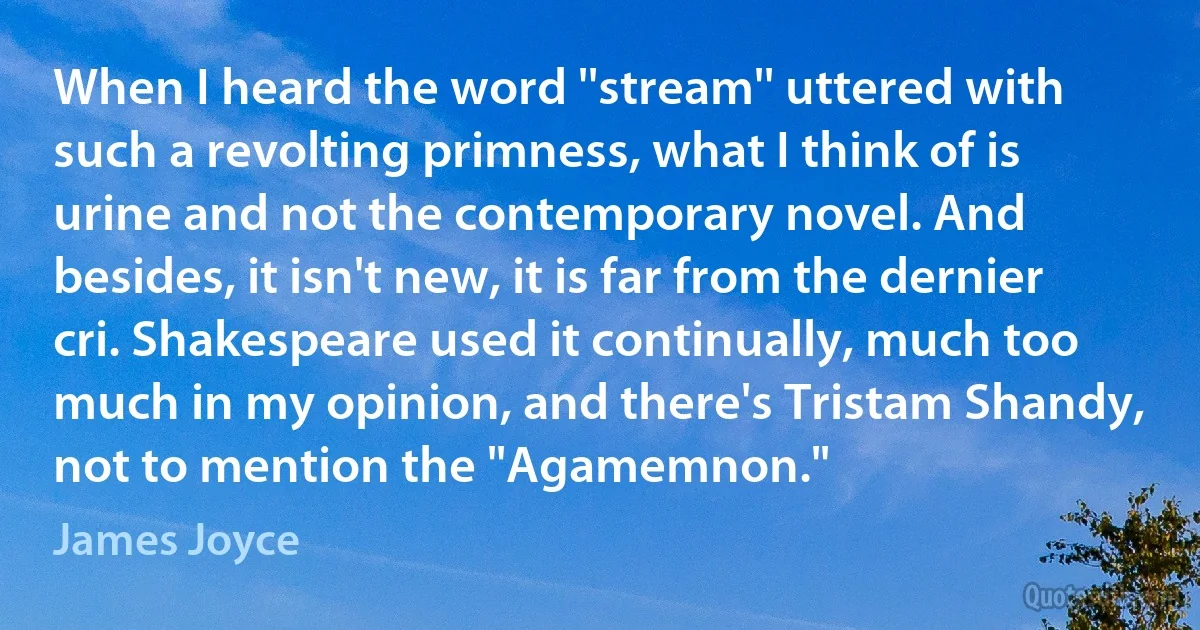 When I heard the word ''stream'' uttered with such a revolting primness, what I think of is urine and not the contemporary novel. And besides, it isn't new, it is far from the dernier cri. Shakespeare used it continually, much too much in my opinion, and there's Tristam Shandy, not to mention the "Agamemnon." (James Joyce)