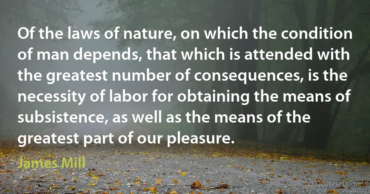 Of the laws of nature, on which the condition of man depends, that which is attended with the greatest number of consequences, is the necessity of labor for obtaining the means of subsistence, as well as the means of the greatest part of our pleasure. (James Mill)