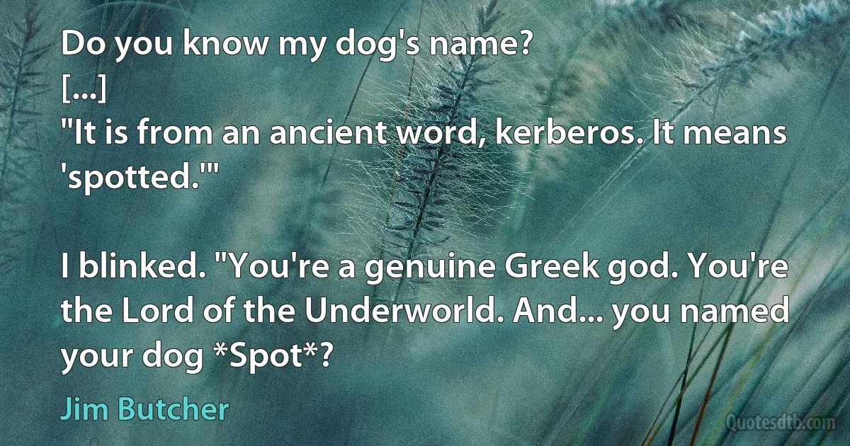 Do you know my dog's name?
[...]
"It is from an ancient word, kerberos. It means 'spotted.'"

I blinked. "You're a genuine Greek god. You're the Lord of the Underworld. And... you named your dog *Spot*? (Jim Butcher)