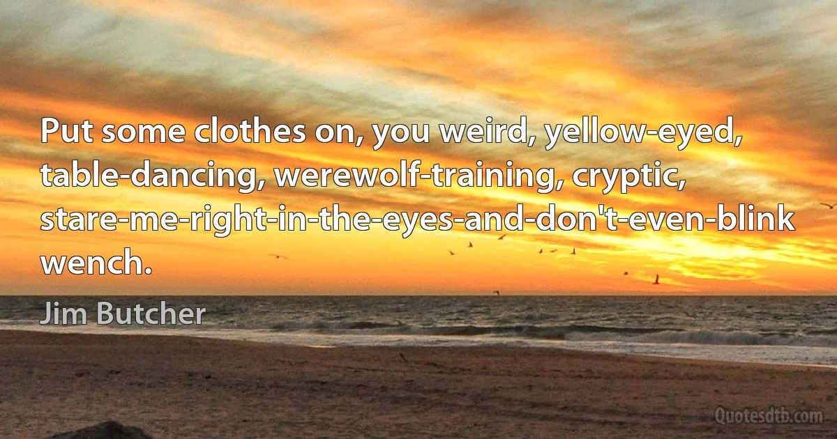 Put some clothes on, you weird, yellow-eyed, table-dancing, werewolf-training, cryptic, stare-me-right-in-the-eyes-and-don't-even-blink wench. (Jim Butcher)