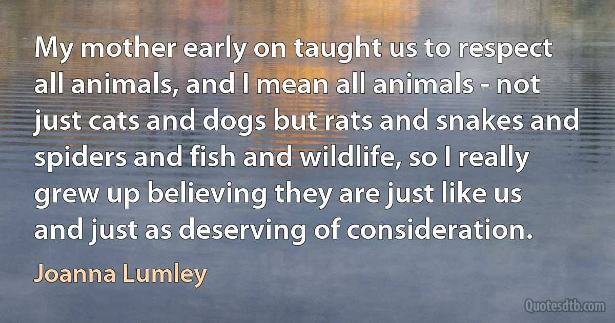 My mother early on taught us to respect all animals, and I mean all animals - not just cats and dogs but rats and snakes and spiders and fish and wildlife, so I really grew up believing they are just like us and just as deserving of consideration. (Joanna Lumley)