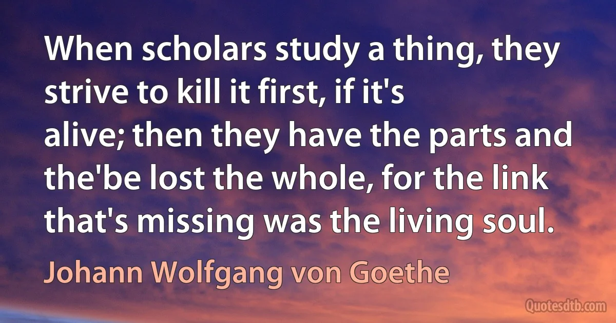 When scholars study a thing, they strive to kill it first, if it's alive; then they have the parts and the'be lost the whole, for the link that's missing was the living soul. (Johann Wolfgang von Goethe)