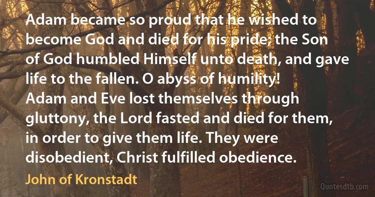 Adam became so proud that he wished to become God and died for his pride; the Son of God humbled Himself unto death, and gave life to the fallen. O abyss of humility! Adam and Eve lost themselves through gluttony, the Lord fasted and died for them, in order to give them life. They were disobedient, Christ fulfilled obedience. (John of Kronstadt)