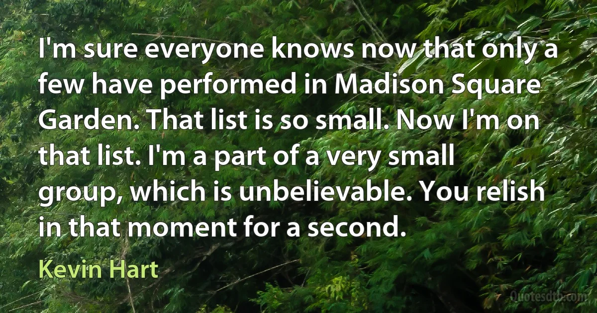 I'm sure everyone knows now that only a few have performed in Madison Square Garden. That list is so small. Now I'm on that list. I'm a part of a very small group, which is unbelievable. You relish in that moment for a second. (Kevin Hart)