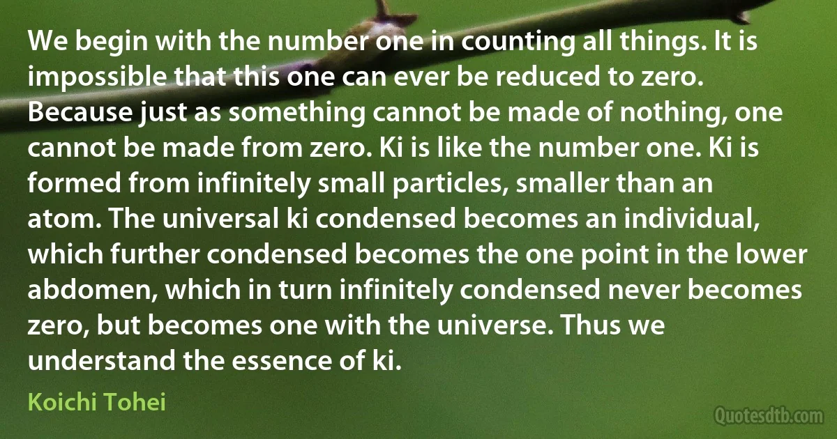 We begin with the number one in counting all things. It is impossible that this one can ever be reduced to zero. Because just as something cannot be made of nothing, one cannot be made from zero. Ki is like the number one. Ki is formed from infinitely small particles, smaller than an atom. The universal ki condensed becomes an individual, which further condensed becomes the one point in the lower abdomen, which in turn infinitely condensed never becomes zero, but becomes one with the universe. Thus we understand the essence of ki. (Koichi Tohei)