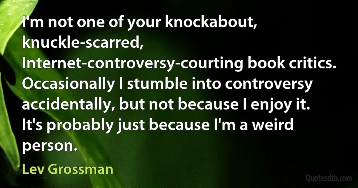 I'm not one of your knockabout, knuckle-scarred, Internet-controversy-courting book critics. Occasionally I stumble into controversy accidentally, but not because I enjoy it. It's probably just because I'm a weird person. (Lev Grossman)