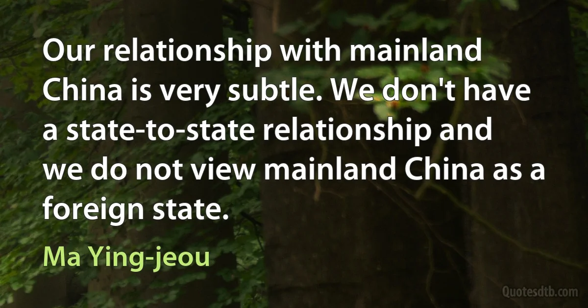 Our relationship with mainland China is very subtle. We don't have a state-to-state relationship and we do not view mainland China as a foreign state. (Ma Ying-jeou)