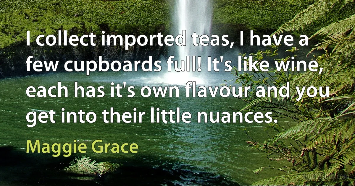 I collect imported teas, I have a few cupboards full! It's like wine, each has it's own flavour and you get into their little nuances. (Maggie Grace)