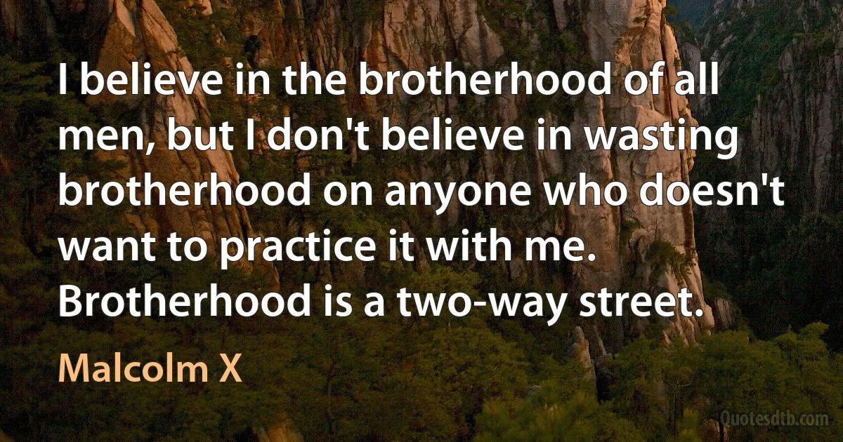 I believe in the brotherhood of all men, but I don't believe in wasting brotherhood on anyone who doesn't want to practice it with me. Brotherhood is a two-way street. (Malcolm X)