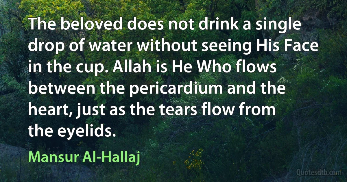 The beloved does not drink a single drop of water without seeing His Face in the cup. Allah is He Who flows between the pericardium and the heart, just as the tears flow from the eyelids. (Mansur Al-Hallaj)