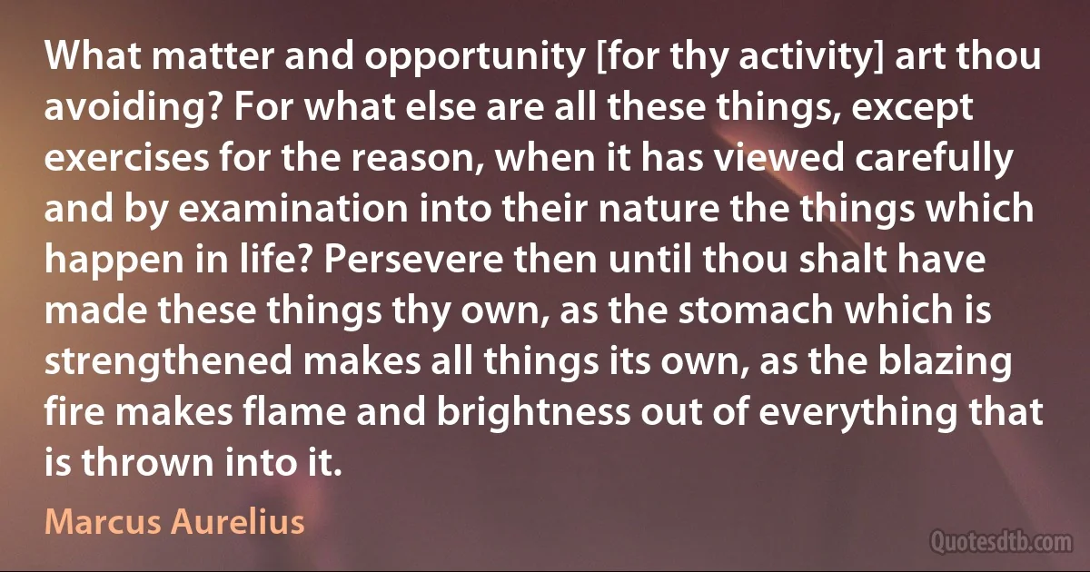 What matter and opportunity [for thy activity] art thou avoiding? For what else are all these things, except exercises for the reason, when it has viewed carefully and by examination into their nature the things which happen in life? Persevere then until thou shalt have made these things thy own, as the stomach which is strengthened makes all things its own, as the blazing fire makes flame and brightness out of everything that is thrown into it. (Marcus Aurelius)