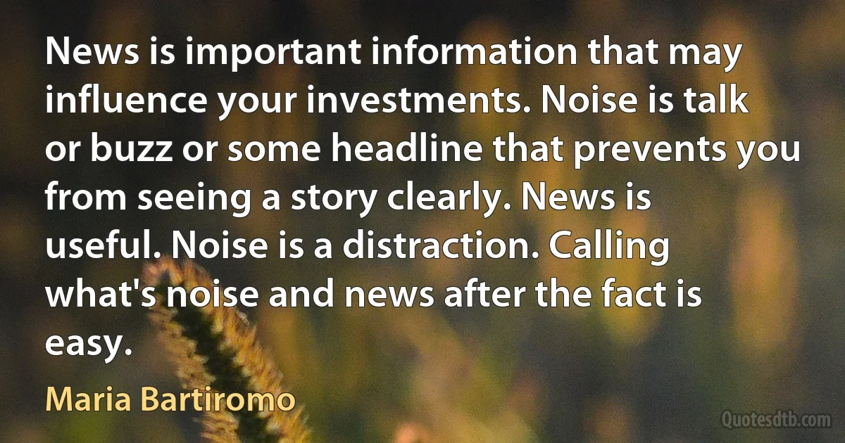 News is important information that may influence your investments. Noise is talk or buzz or some headline that prevents you from seeing a story clearly. News is useful. Noise is a distraction. Calling what's noise and news after the fact is easy. (Maria Bartiromo)