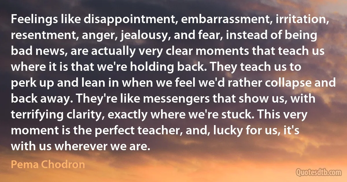 Feelings like disappointment, embarrassment, irritation, resentment, anger, jealousy, and fear, instead of being bad news, are actually very clear moments that teach us where it is that we're holding back. They teach us to perk up and lean in when we feel we'd rather collapse and back away. They're like messengers that show us, with terrifying clarity, exactly where we're stuck. This very moment is the perfect teacher, and, lucky for us, it's with us wherever we are. (Pema Chodron)