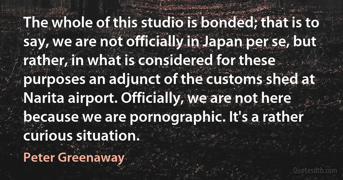 The whole of this studio is bonded; that is to say, we are not officially in Japan per se, but rather, in what is considered for these purposes an adjunct of the customs shed at Narita airport. Officially, we are not here because we are pornographic. It's a rather curious situation. (Peter Greenaway)