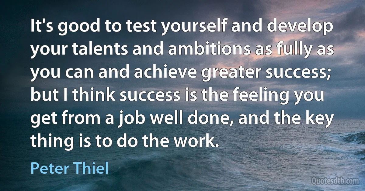 It's good to test yourself and develop your talents and ambitions as fully as you can and achieve greater success; but I think success is the feeling you get from a job well done, and the key thing is to do the work. (Peter Thiel)