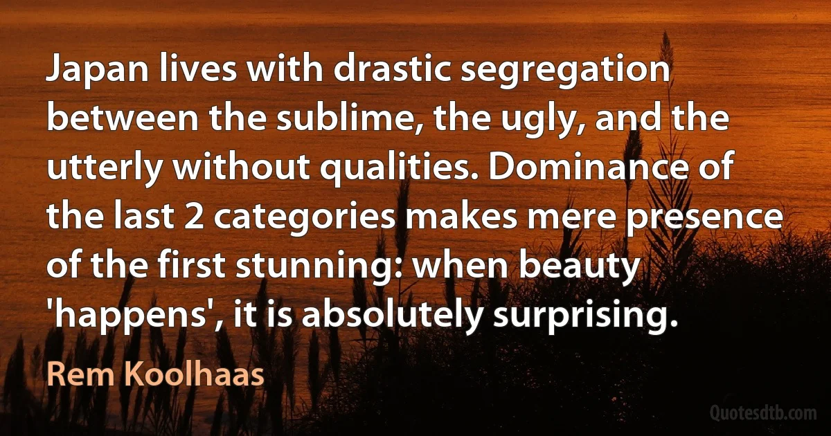 Japan lives with drastic segregation between the sublime, the ugly, and the utterly without qualities. Dominance of the last 2 categories makes mere presence of the first stunning: when beauty 'happens', it is absolutely surprising. (Rem Koolhaas)