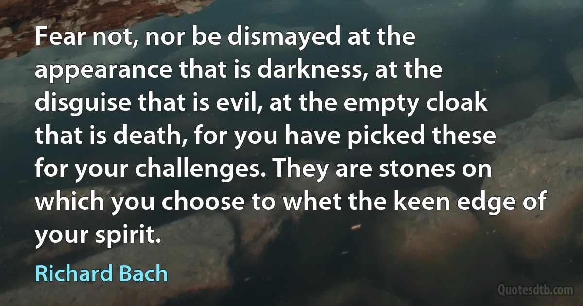 Fear not, nor be dismayed at the appearance that is darkness, at the disguise that is evil, at the empty cloak that is death, for you have picked these for your challenges. They are stones on which you choose to whet the keen edge of your spirit. (Richard Bach)