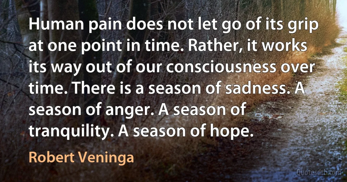 Human pain does not let go of its grip at one point in time. Rather, it works its way out of our consciousness over time. There is a season of sadness. A season of anger. A season of tranquility. A season of hope. (Robert Veninga)