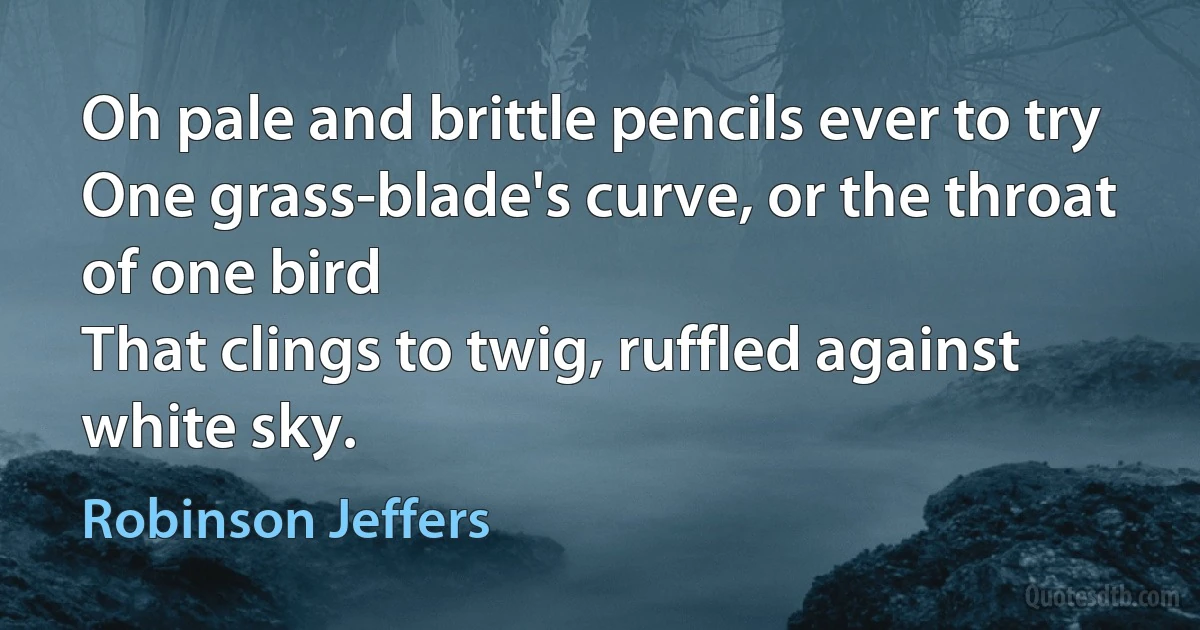 Oh pale and brittle pencils ever to try
One grass-blade's curve, or the throat of one bird
That clings to twig, ruffled against white sky. (Robinson Jeffers)