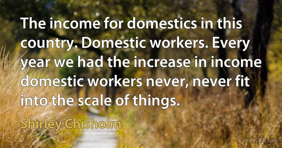 The income for domestics in this country. Domestic workers. Every year we had the increase in income domestic workers never, never fit into the scale of things. (Shirley Chisholm)