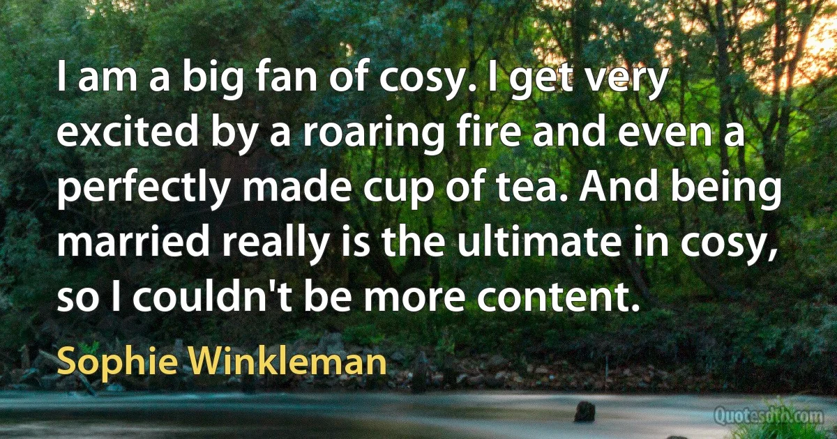 I am a big fan of cosy. I get very excited by a roaring fire and even a perfectly made cup of tea. And being married really is the ultimate in cosy, so I couldn't be more content. (Sophie Winkleman)