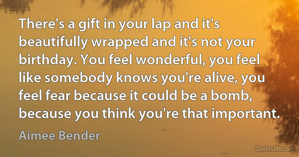 There's a gift in your lap and it's beautifully wrapped and it's not your birthday. You feel wonderful, you feel like somebody knows you're alive, you feel fear because it could be a bomb, because you think you're that important. (Aimee Bender)