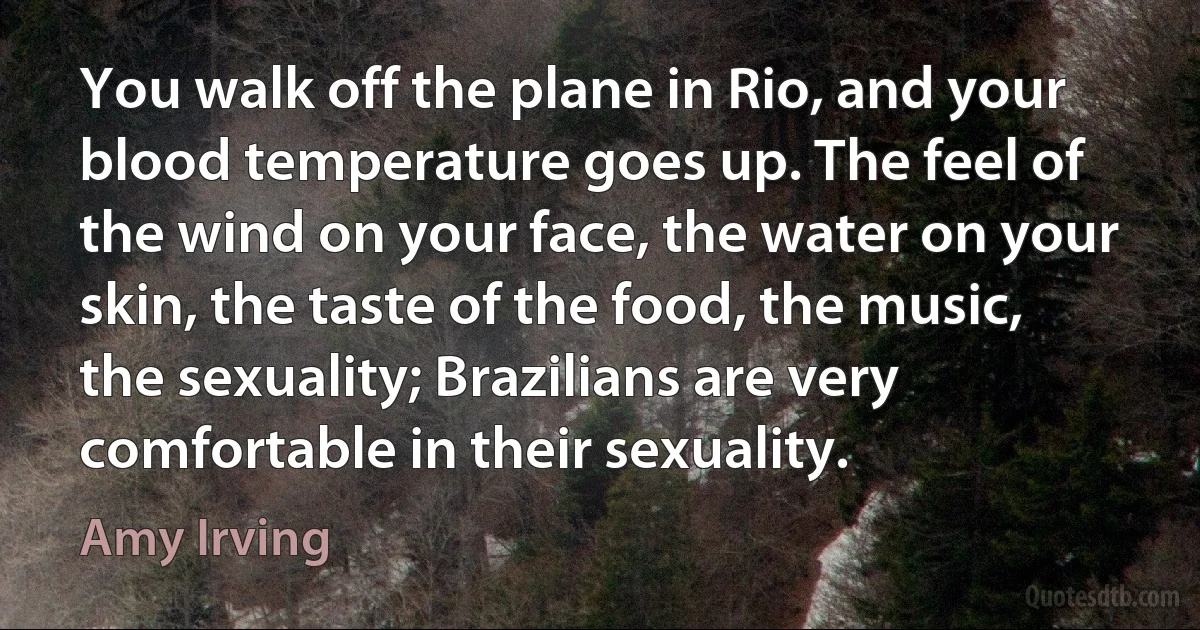 You walk off the plane in Rio, and your blood temperature goes up. The feel of the wind on your face, the water on your skin, the taste of the food, the music, the sexuality; Brazilians are very comfortable in their sexuality. (Amy Irving)