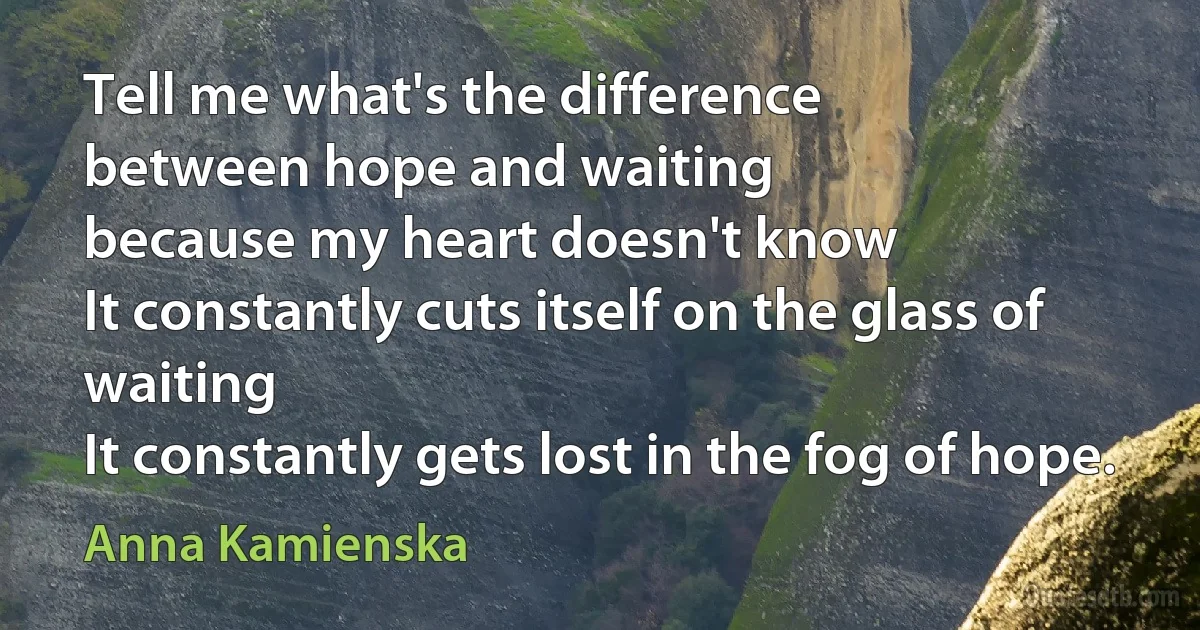 Tell me what's the difference
between hope and waiting
because my heart doesn't know
It constantly cuts itself on the glass of waiting
It constantly gets lost in the fog of hope. (Anna Kamienska)