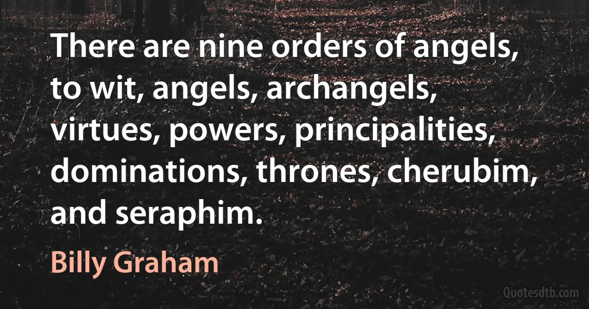 There are nine orders of angels, to wit, angels, archangels, virtues, powers, principalities, dominations, thrones, cherubim, and seraphim. (Billy Graham)