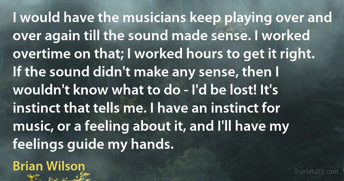 I would have the musicians keep playing over and over again till the sound made sense. I worked overtime on that; I worked hours to get it right. If the sound didn't make any sense, then I wouldn't know what to do - I'd be lost! It's instinct that tells me. I have an instinct for music, or a feeling about it, and I'll have my feelings guide my hands. (Brian Wilson)