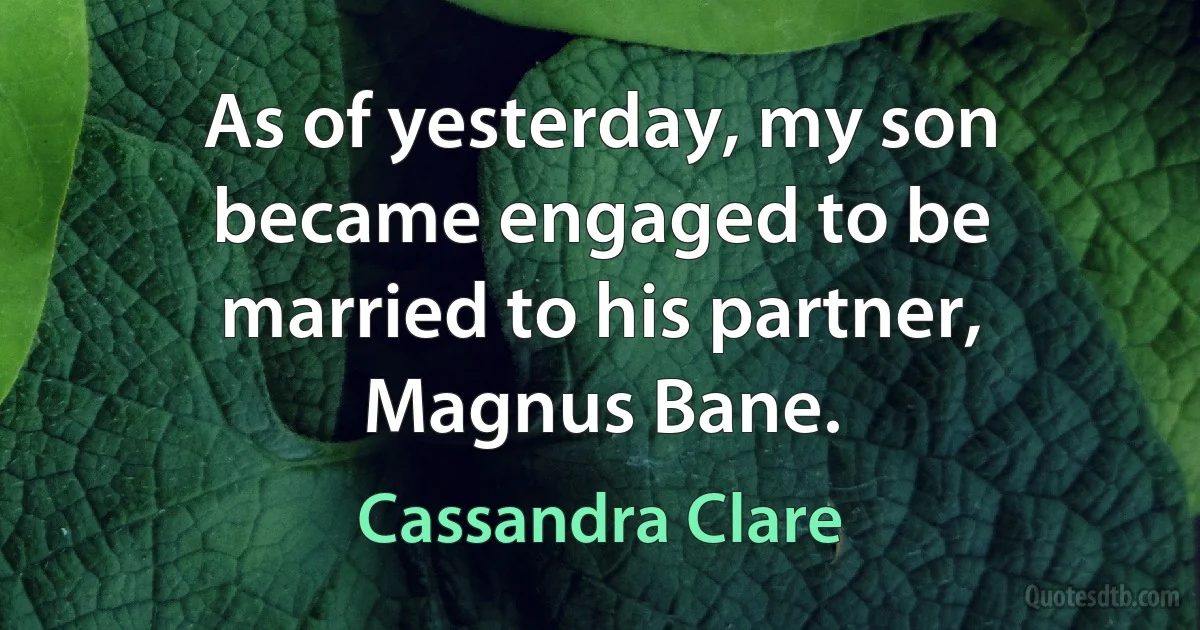 As of yesterday, my son became engaged to be married to his partner, Magnus Bane. (Cassandra Clare)