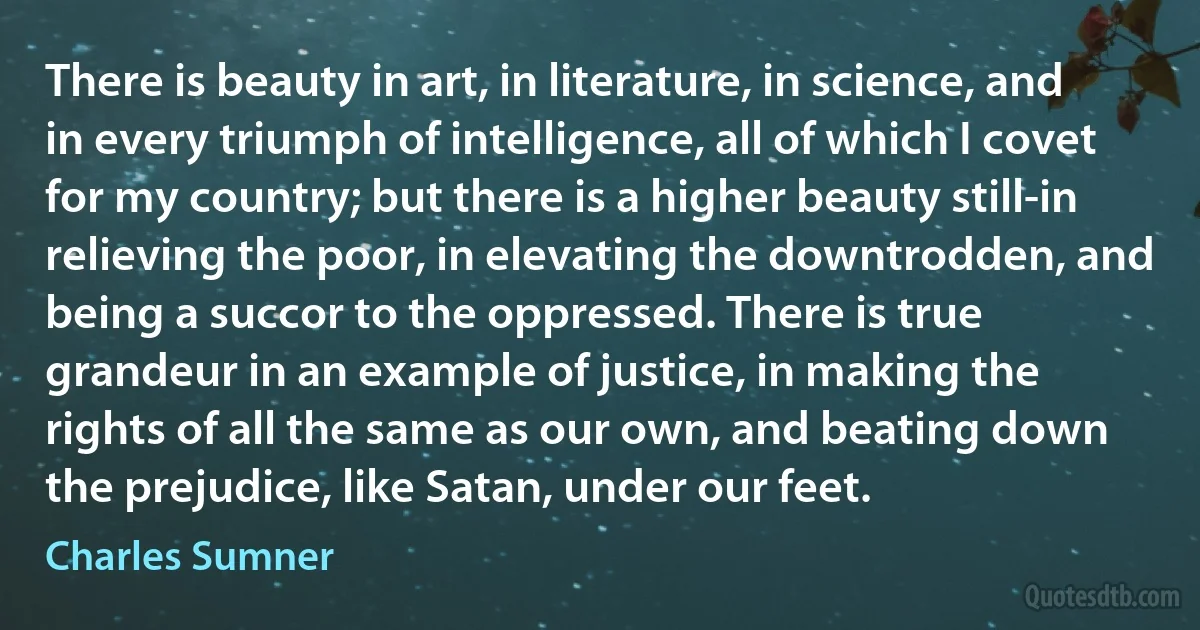 There is beauty in art, in literature, in science, and in every triumph of intelligence, all of which I covet for my country; but there is a higher beauty still-in relieving the poor, in elevating the downtrodden, and being a succor to the oppressed. There is true grandeur in an example of justice, in making the rights of all the same as our own, and beating down the prejudice, like Satan, under our feet. (Charles Sumner)