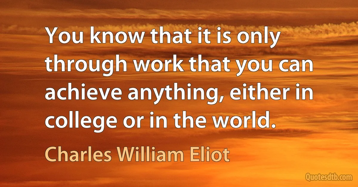 You know that it is only through work that you can achieve anything, either in college or in the world. (Charles William Eliot)