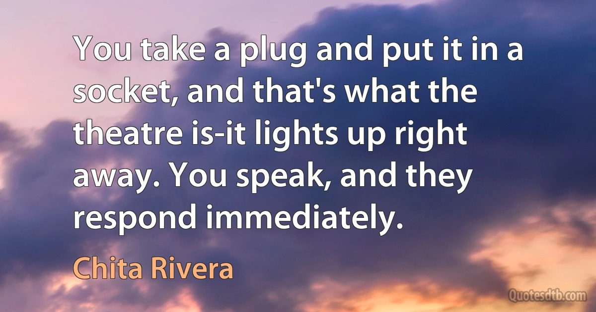 You take a plug and put it in a socket, and that's what the theatre is-it lights up right away. You speak, and they respond immediately. (Chita Rivera)