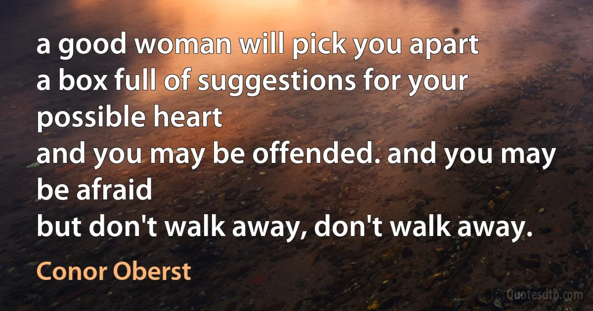 a good woman will pick you apart
a box full of suggestions for your possible heart
and you may be offended. and you may be afraid
but don't walk away, don't walk away. (Conor Oberst)