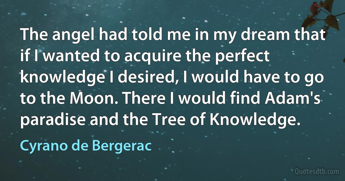 The angel had told me in my dream that if I wanted to acquire the perfect knowledge I desired, I would have to go to the Moon. There I would find Adam's paradise and the Tree of Knowledge. (Cyrano de Bergerac)