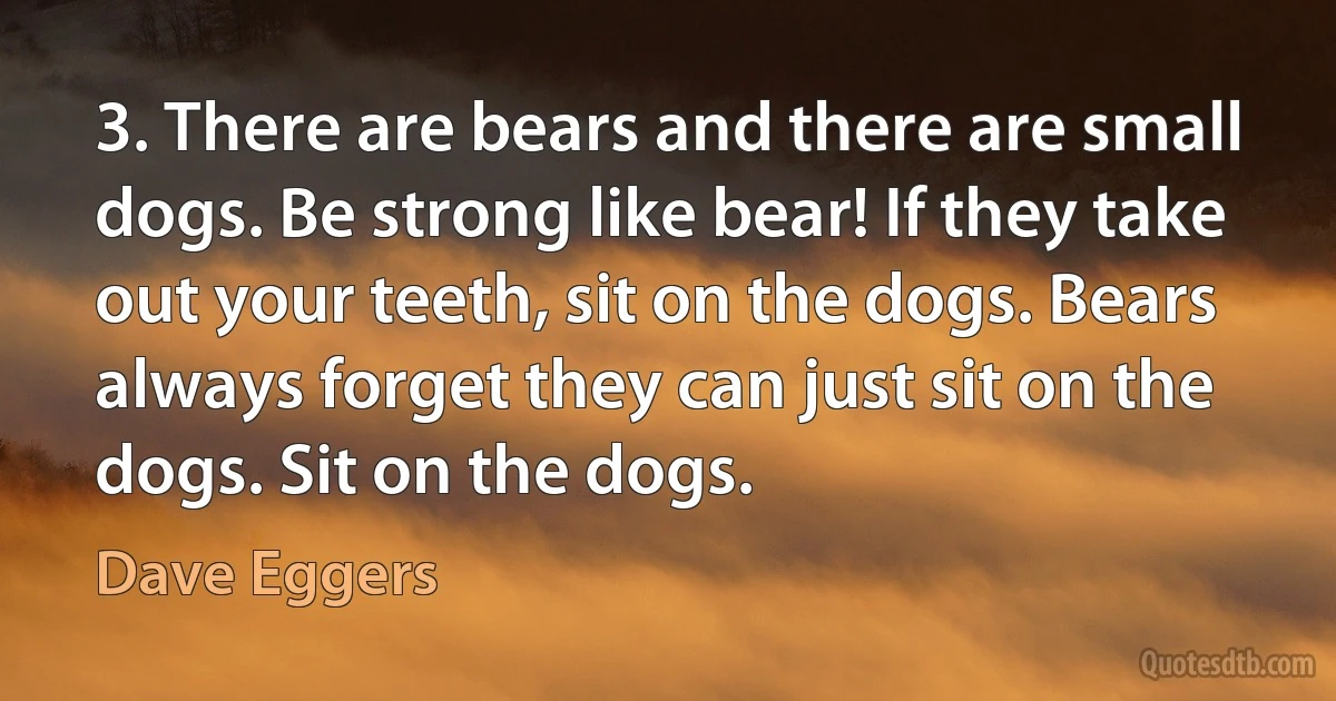 3. There are bears and there are small dogs. Be strong like bear! If they take out your teeth, sit on the dogs. Bears always forget they can just sit on the dogs. Sit on the dogs. (Dave Eggers)