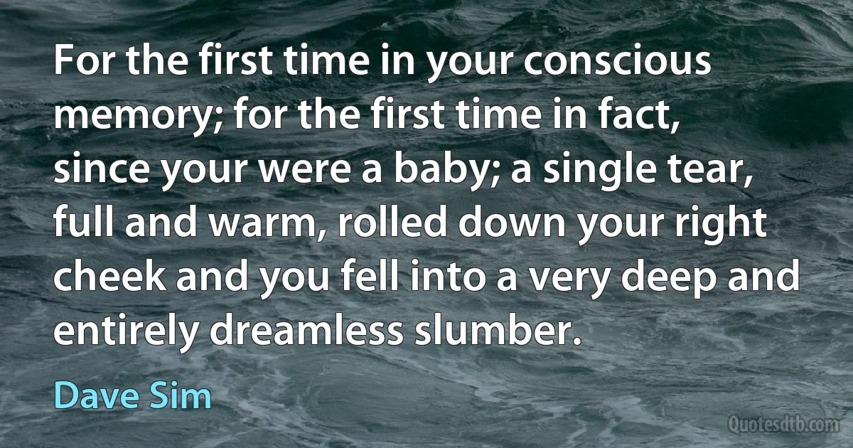 For the first time in your conscious memory; for the first time in fact, since your were a baby; a single tear, full and warm, rolled down your right cheek and you fell into a very deep and entirely dreamless slumber. (Dave Sim)