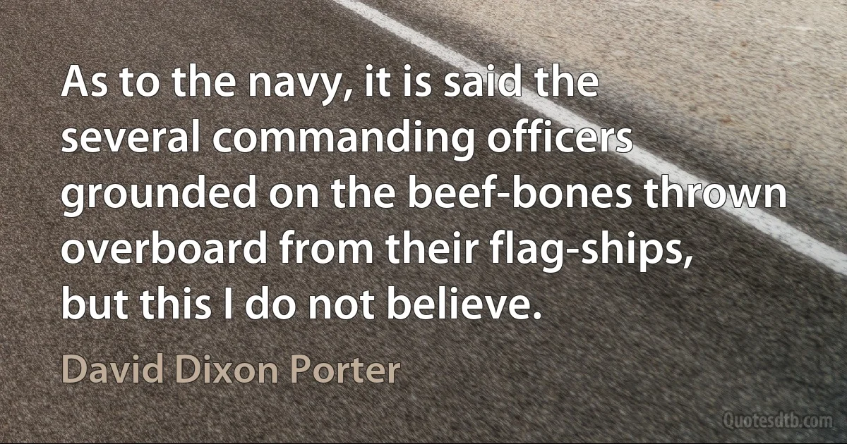 As to the navy, it is said the several commanding officers grounded on the beef-bones thrown overboard from their flag-ships, but this I do not believe. (David Dixon Porter)