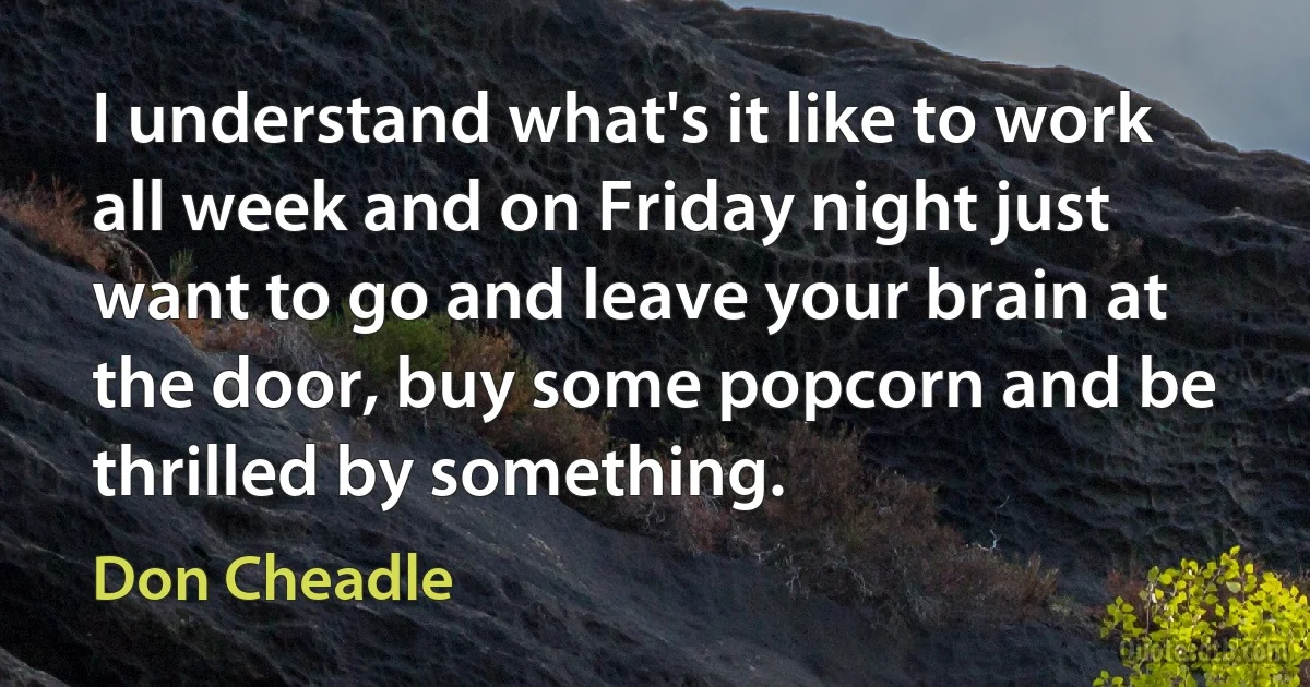 I understand what's it like to work all week and on Friday night just want to go and leave your brain at the door, buy some popcorn and be thrilled by something. (Don Cheadle)